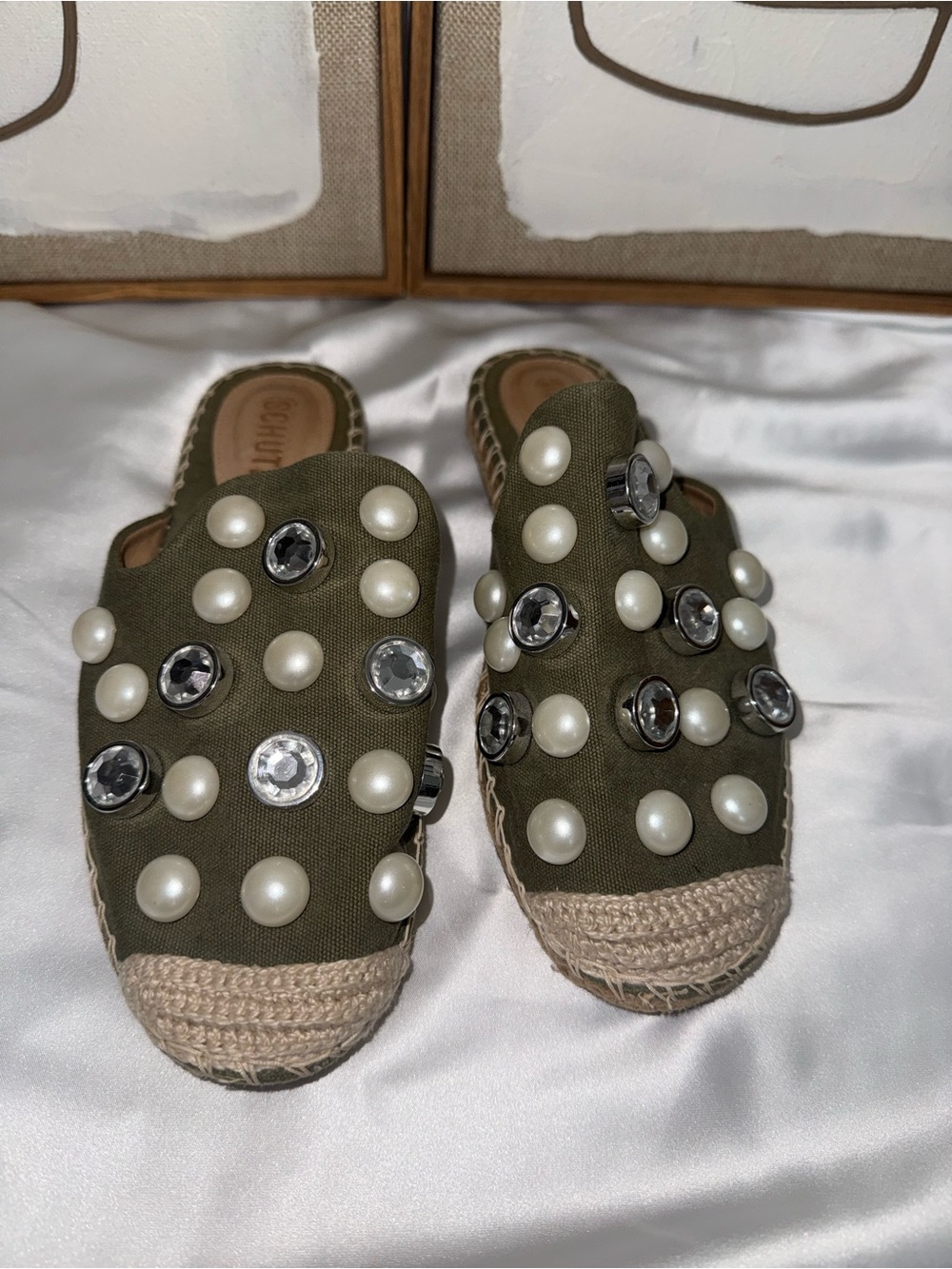 SCHUTZ Olive Green Pearl & Crystal Embellished Espadrille Mules